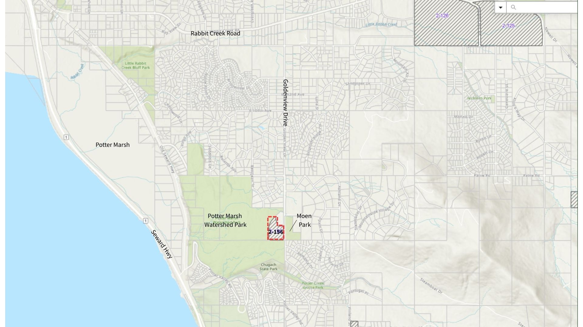 The location of Parcel 2-156 in south Anchorage